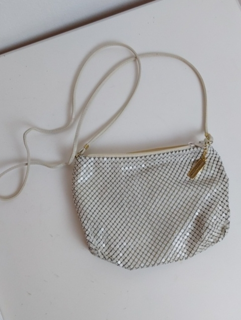 Whiting And Davis|Vintage Ivory Sequin Metal Mesh Mini Evening Bag Long Strap